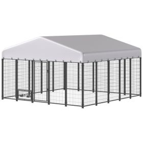 9.8' x 9.8' x 6' Outdoor Dog Kennel, Dog Kennel Outside Run with 360Â° Rotating Bowls, Waterproof & UV Resistant Cover
