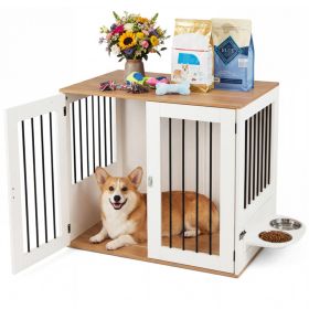Furniture Style Dog Crate with 360Â° Rotating Feeder & 304 Stainless Steel Bowls, Double Locking Indoor Dog Kennel