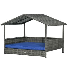 Wicker Dog House with Removable Cushion Lounge (Color: Dark Blue)