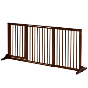 Freestanding Length Adjustable Wooden Pet Gate with Lockable Door 3 Panels (Color: Brown)