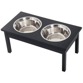 23" Wooden Heavy Duty Dog Food Bowls Pet Elevated Feeding Station (Color: Black)