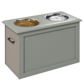 Raised Dog Feeding Station with 2 Stainless Steel Bowls and Storage for Large Dogs and Other Large Pets (Color: Gray)