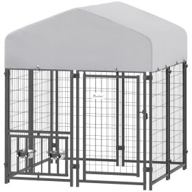 Welded Wire Outdoor Dog Kennel with 360° Rotating & 4 Levels Adjustable Bowls, Waterproof Cover (size: 3.9' X 3.9' X 4')